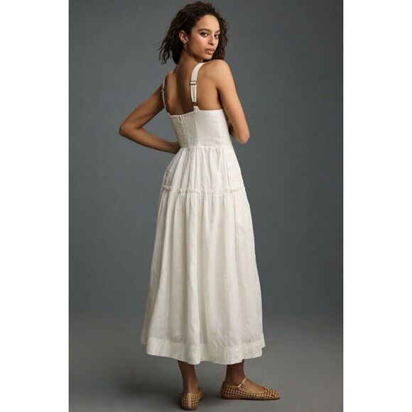 New Anthropologie Square-Neck Linen Midi Dress Size Large - Picture 2 of 14